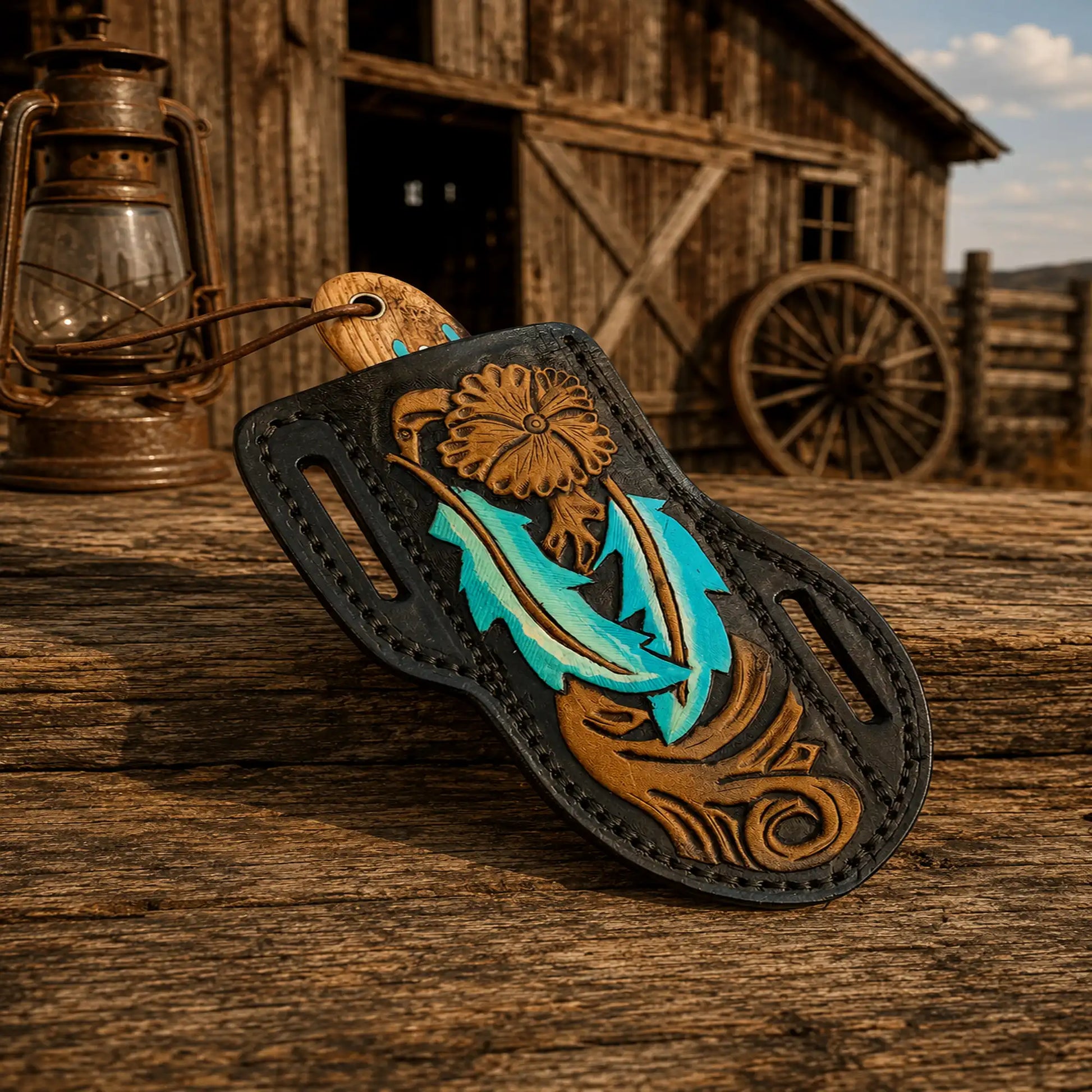 Handmade western cowboy knife with pancake leather sheath