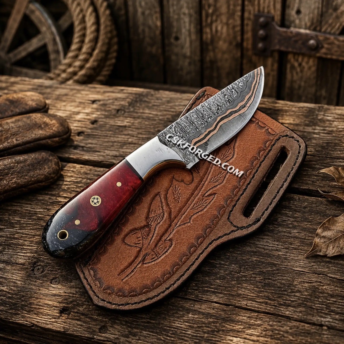 Copper Damascus fixed blade cowboy knife with handcrafted leather belt sheath.