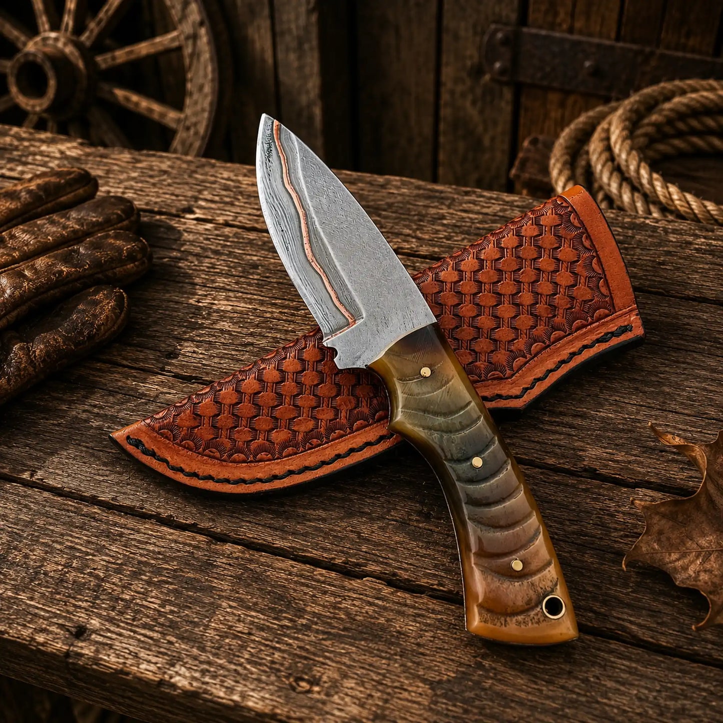 Copper Damascus fixed blade ranch knife with handcrafted leather sheath.
