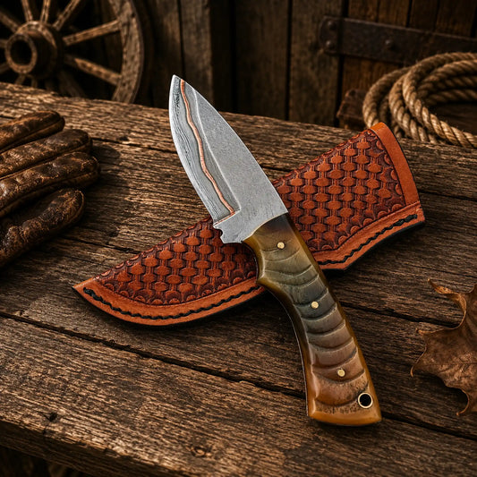 Copper Damascus fixed blade ranch knife with handcrafted leather sheath.