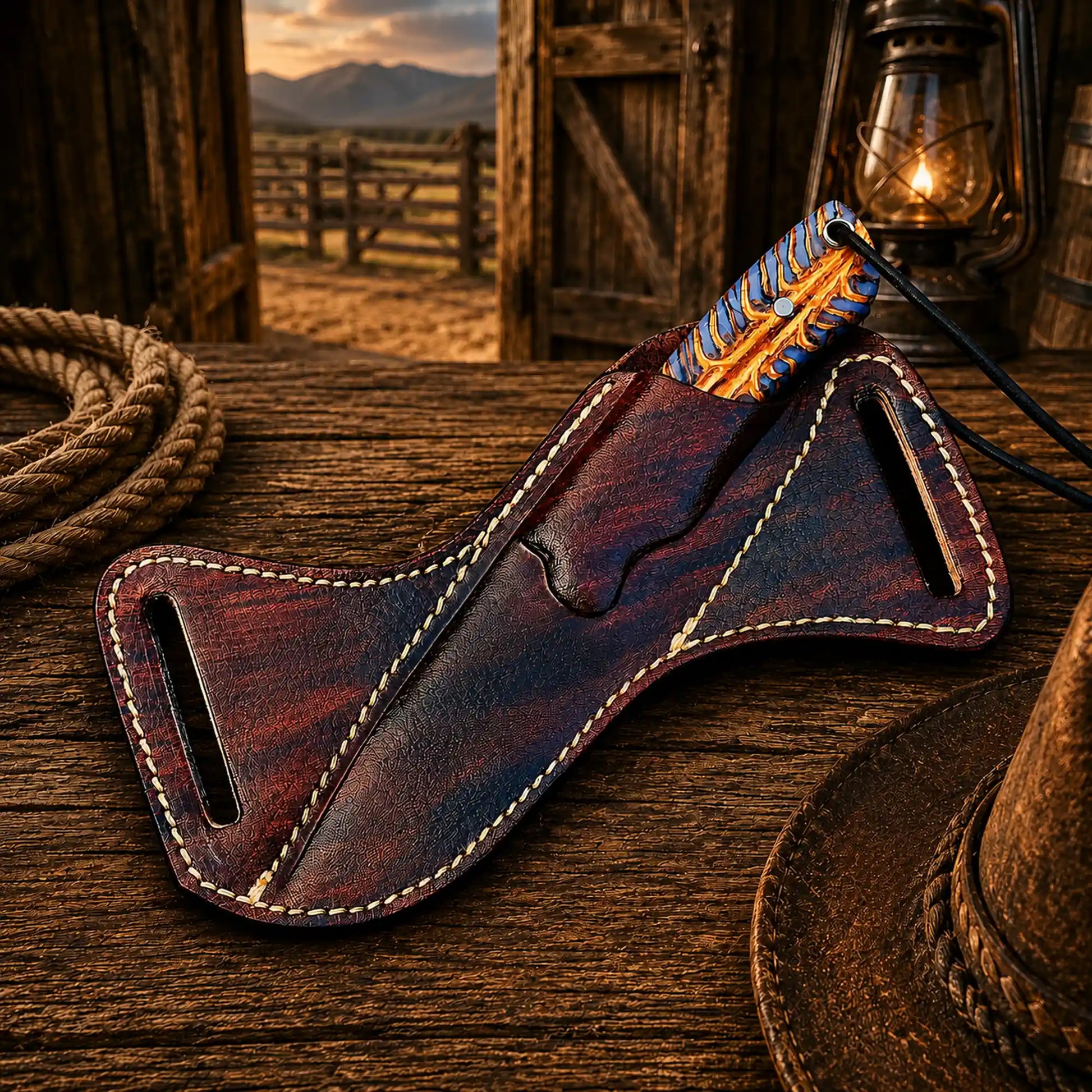 Premium handmade Damascus knife with back belt sheath for outdoor carry