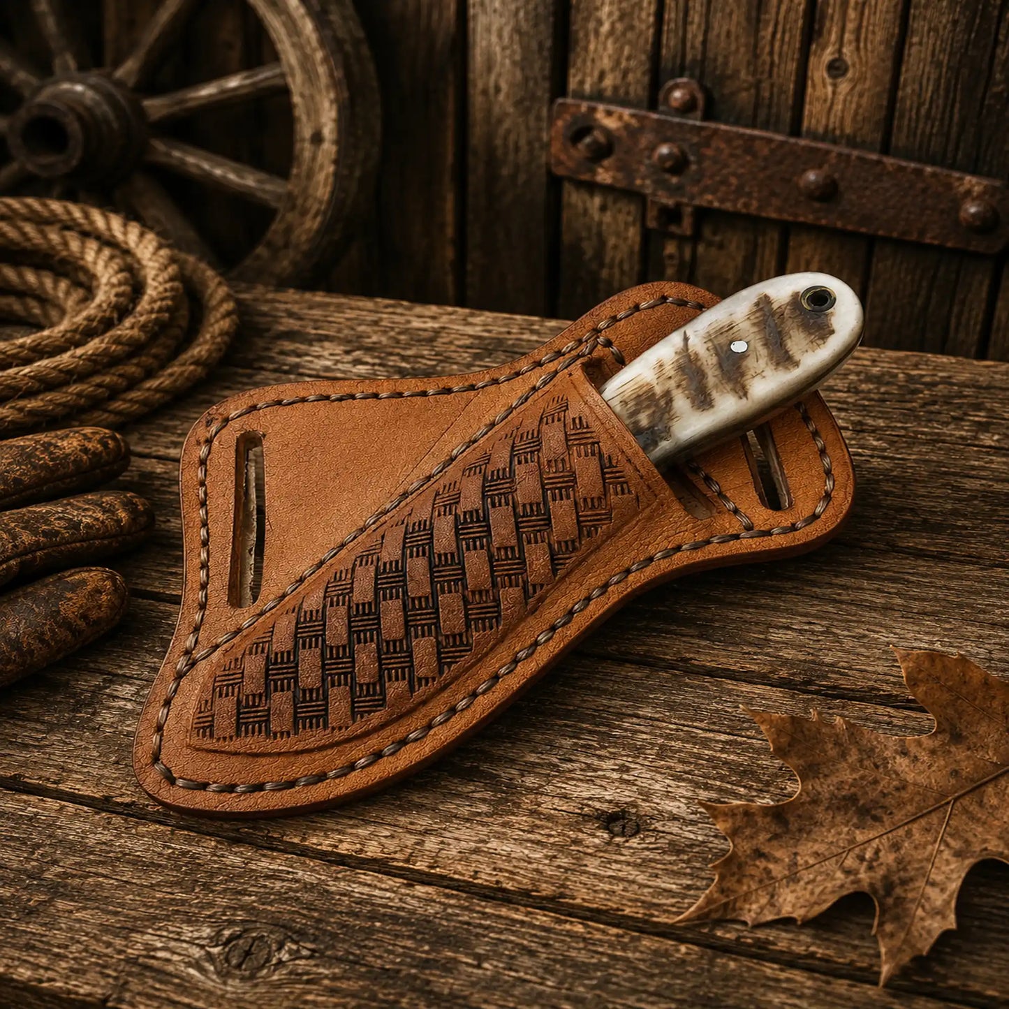 Premium fixed blade cowboy knife with hand-tooled cross draw leather sheath.