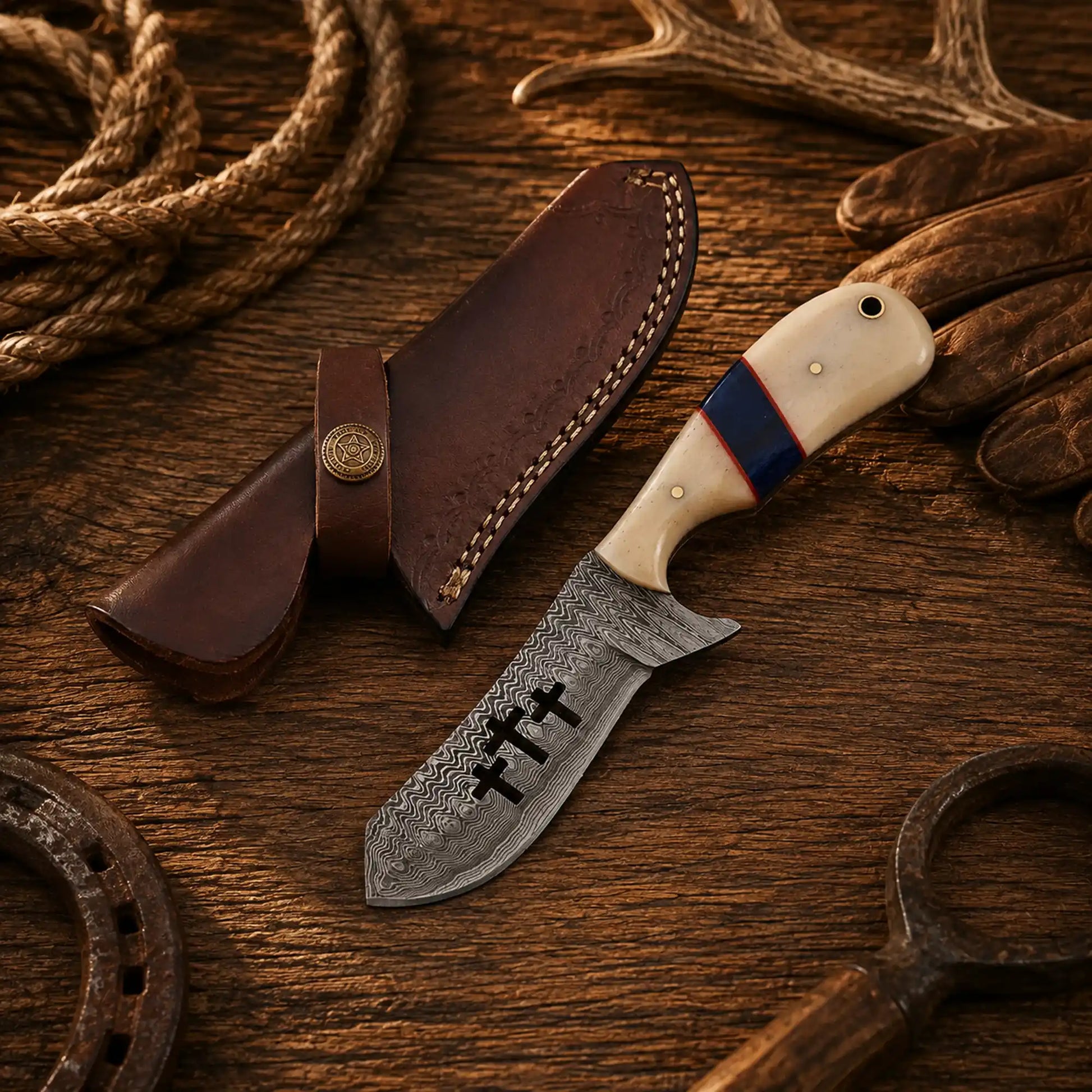 Handmade Damascus Cowboy Skinning Knife with natural bone handle, resin inlay, and front belt leather sheath.