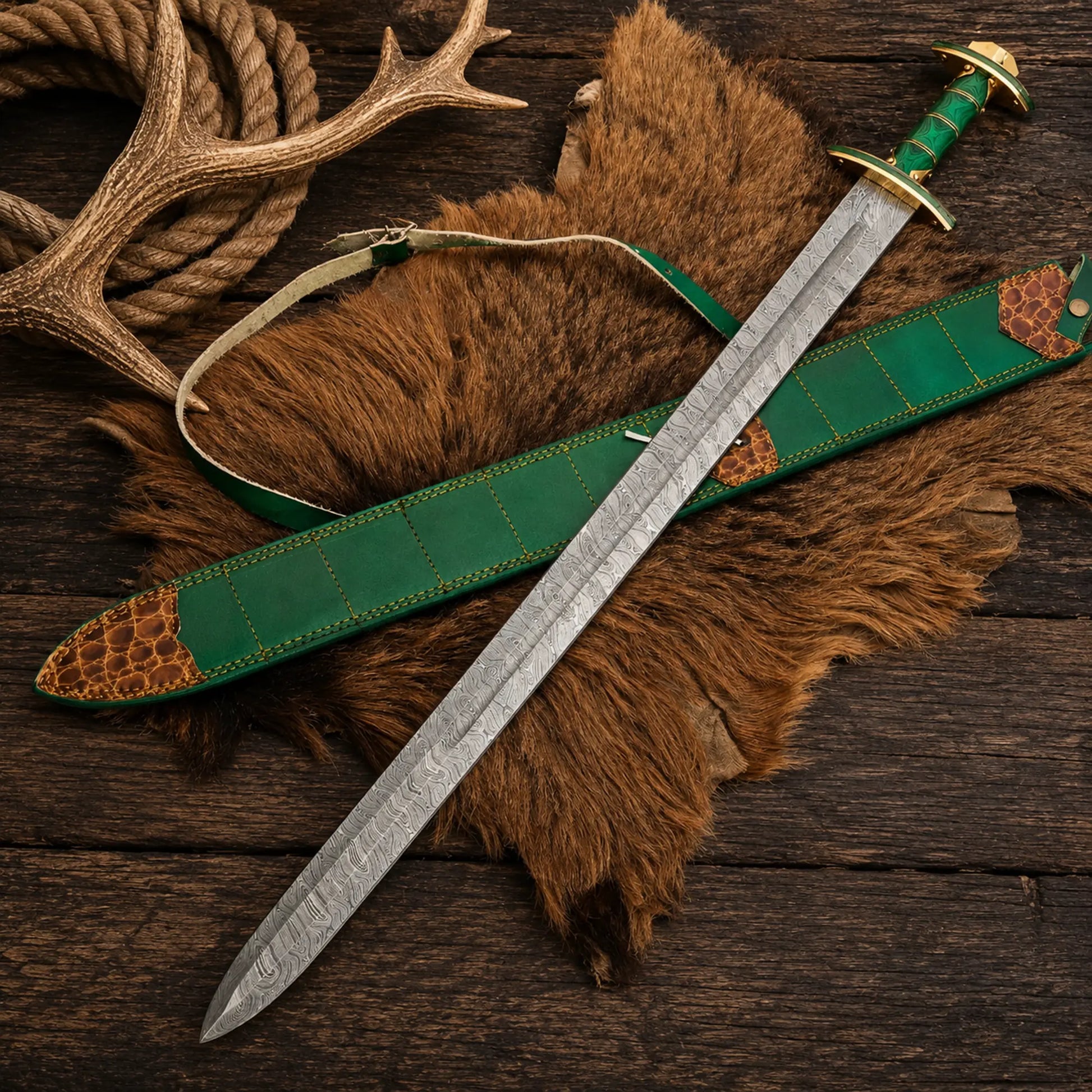 Premium Damascus steel long sword with green handle and leather sheath.