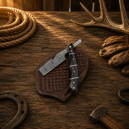 Handmade Damascus steel straight razor with genuine buffalo horn handle and leather sheath.