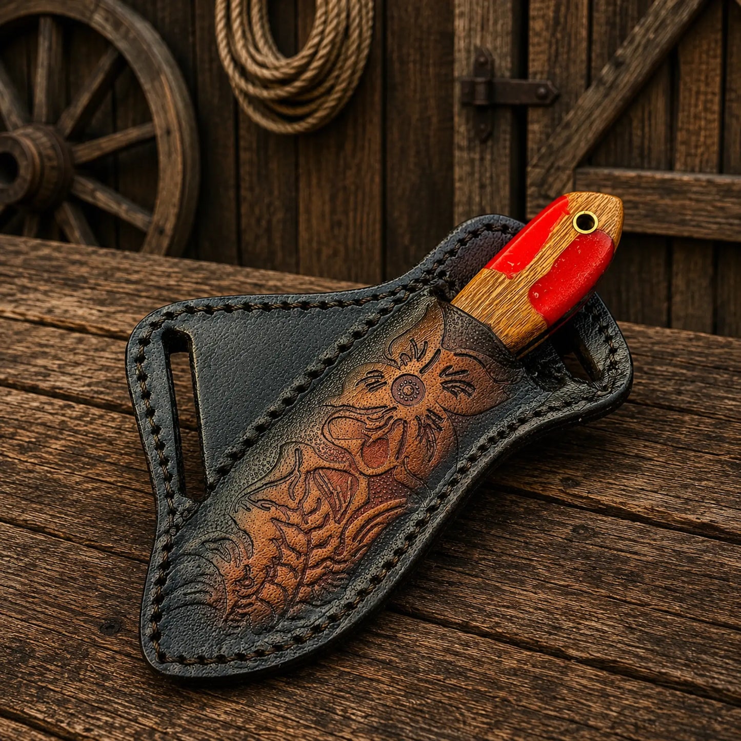 Compact handmade cowboy knife with red epoxy resin handle and premium leather sheath.