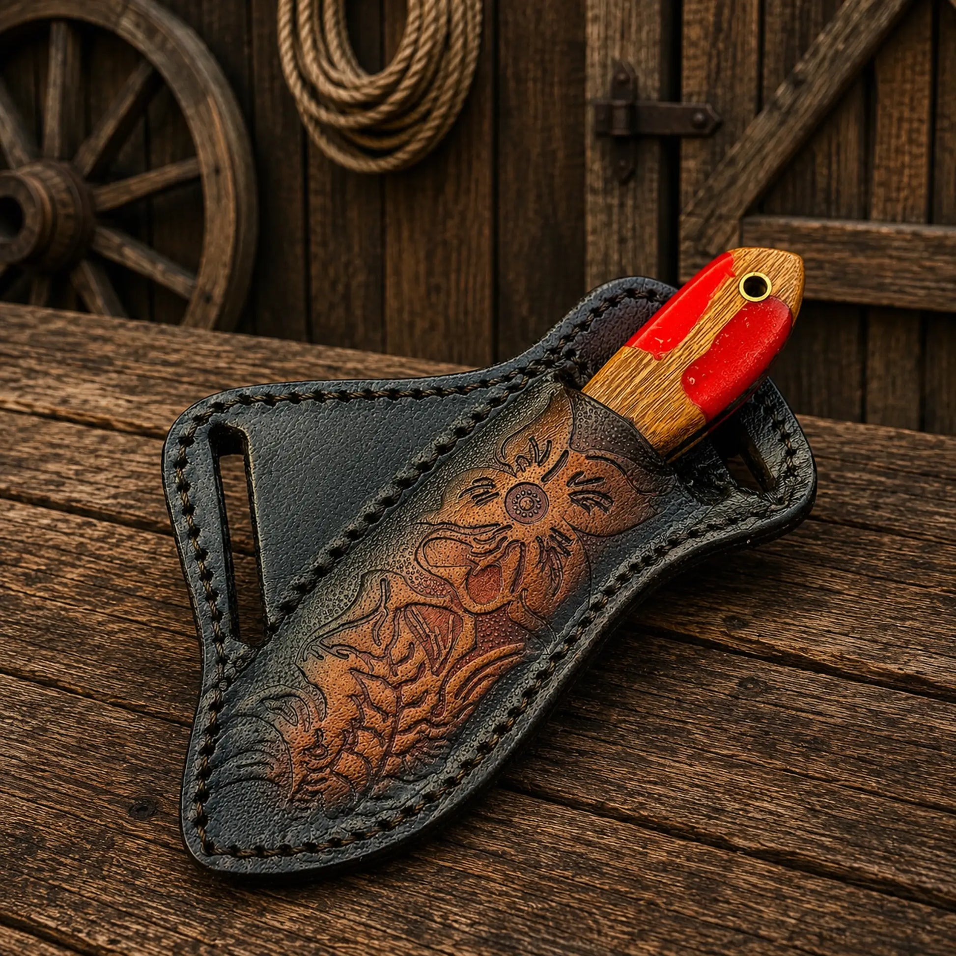 Compact handmade cowboy knife with red epoxy resin handle and premium leather sheath.