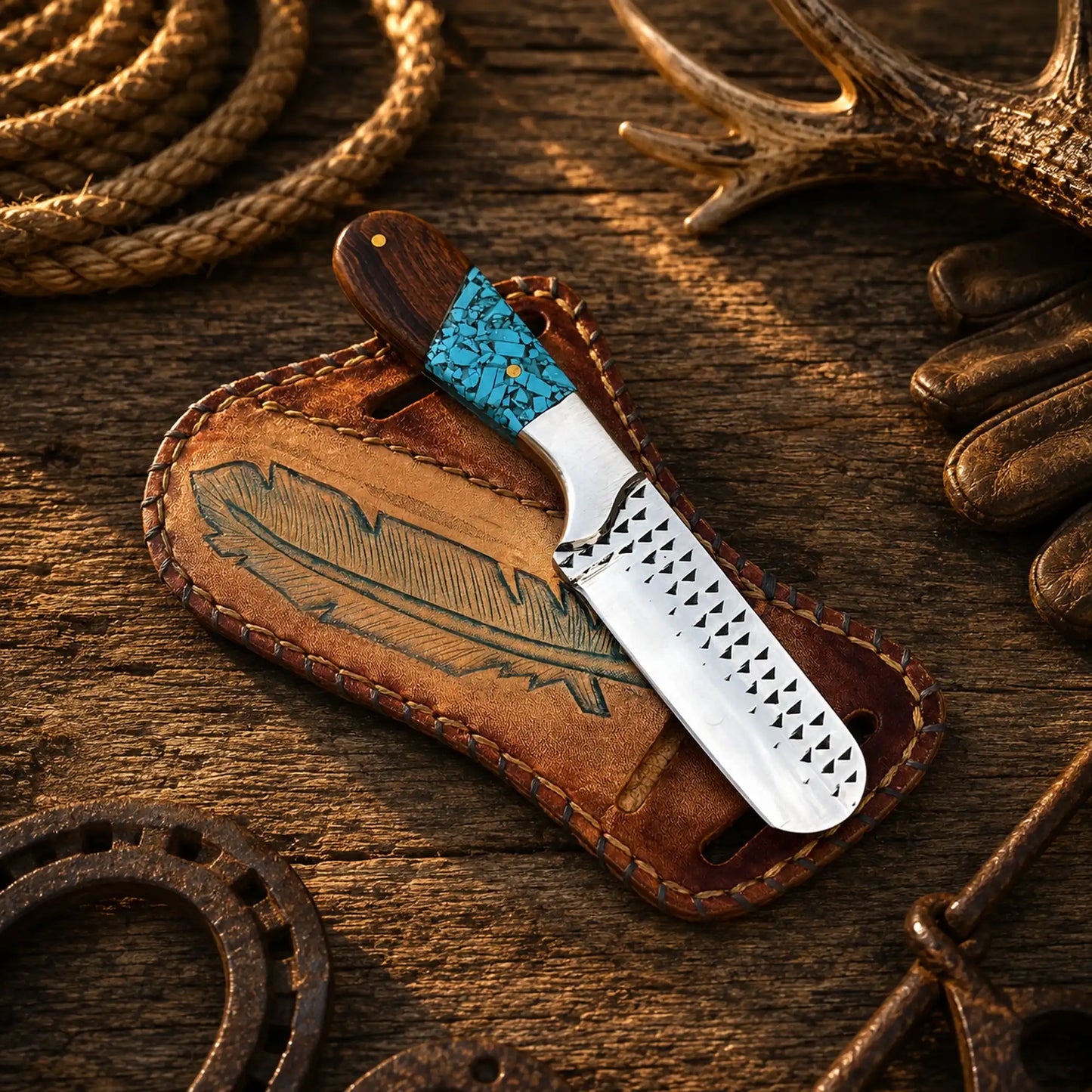 Horse riding bull cutter knife with forged rasp steel blade and turquoise rosewood handle.