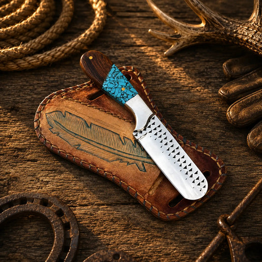 Horse riding bull cutter knife with forged rasp steel blade and turquoise rosewood handle.