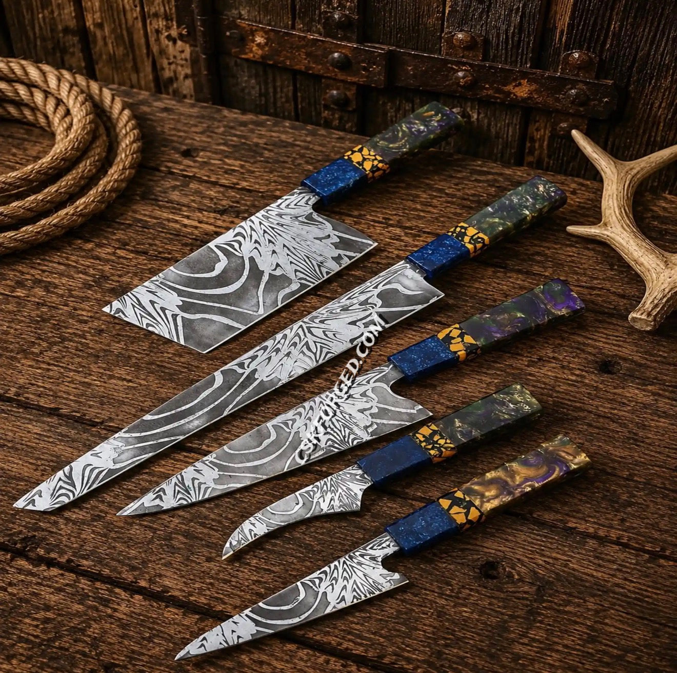 Handmade Japanese style D2 steel boning knife set with epoxy resin handles.