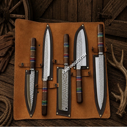 Handmade Japanese style D2 steel chef knife set with leather roll