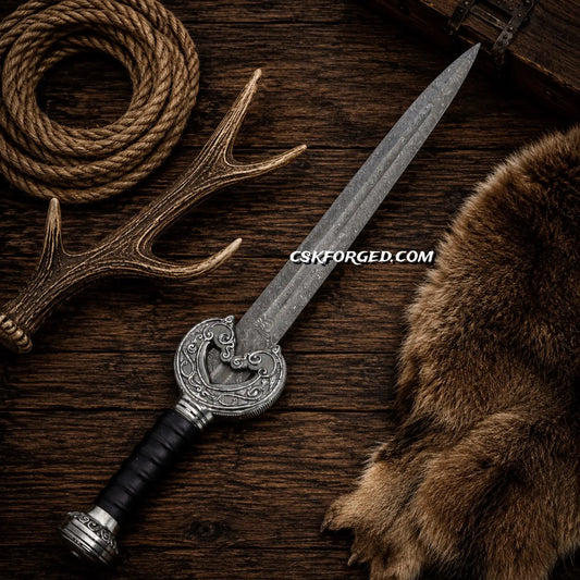 King Theoden Herugrim Sword featuring a Damascus steel blade and black leather & wood handle.