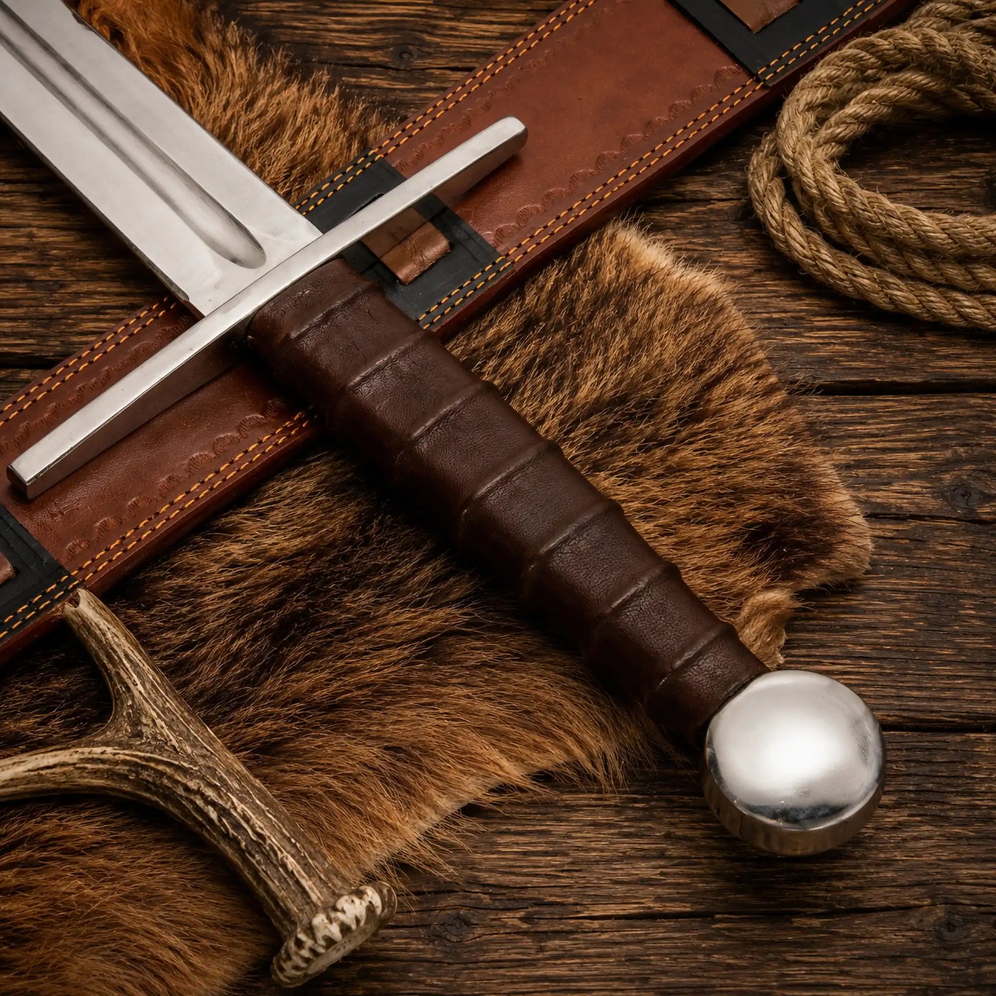 Black Templar longsword with genuine leather sheath and steel fittings with handle close up