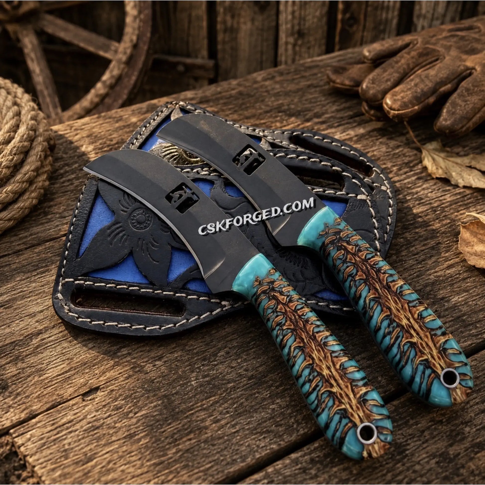 Handmade lineman knife set with D2 powder coated blades and pinecone handles with leather belt sheath