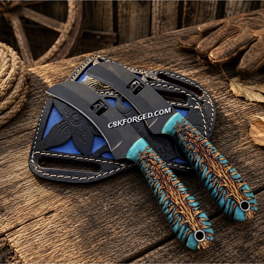 Handmade lineman knife set with D2 powder coated blades and pinecone handles with leather belt sheath