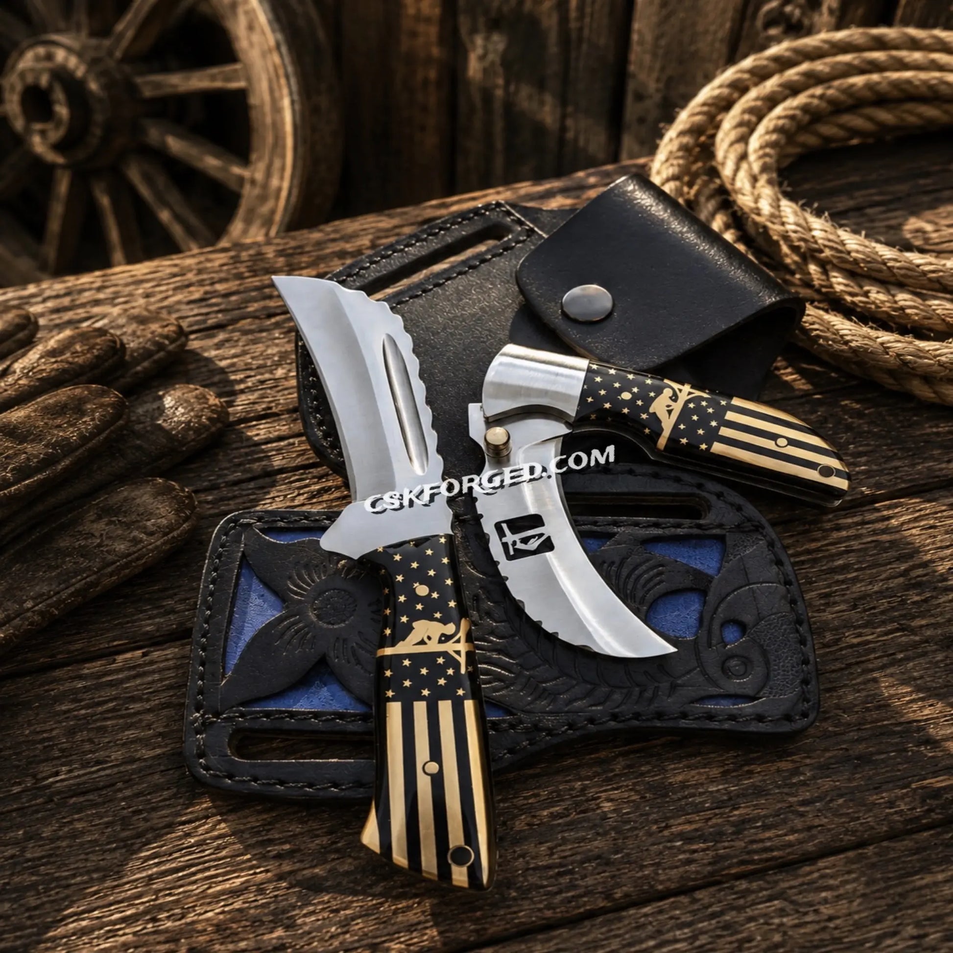 Handmade Lineman Knife Set with D2 steel hawkbill and folding utility knife with resin flag handles and leather sheaths.