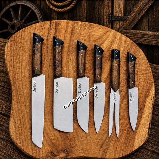 Master Series D2 steel kitchen knife set with rosewood handles with leather carry roll.