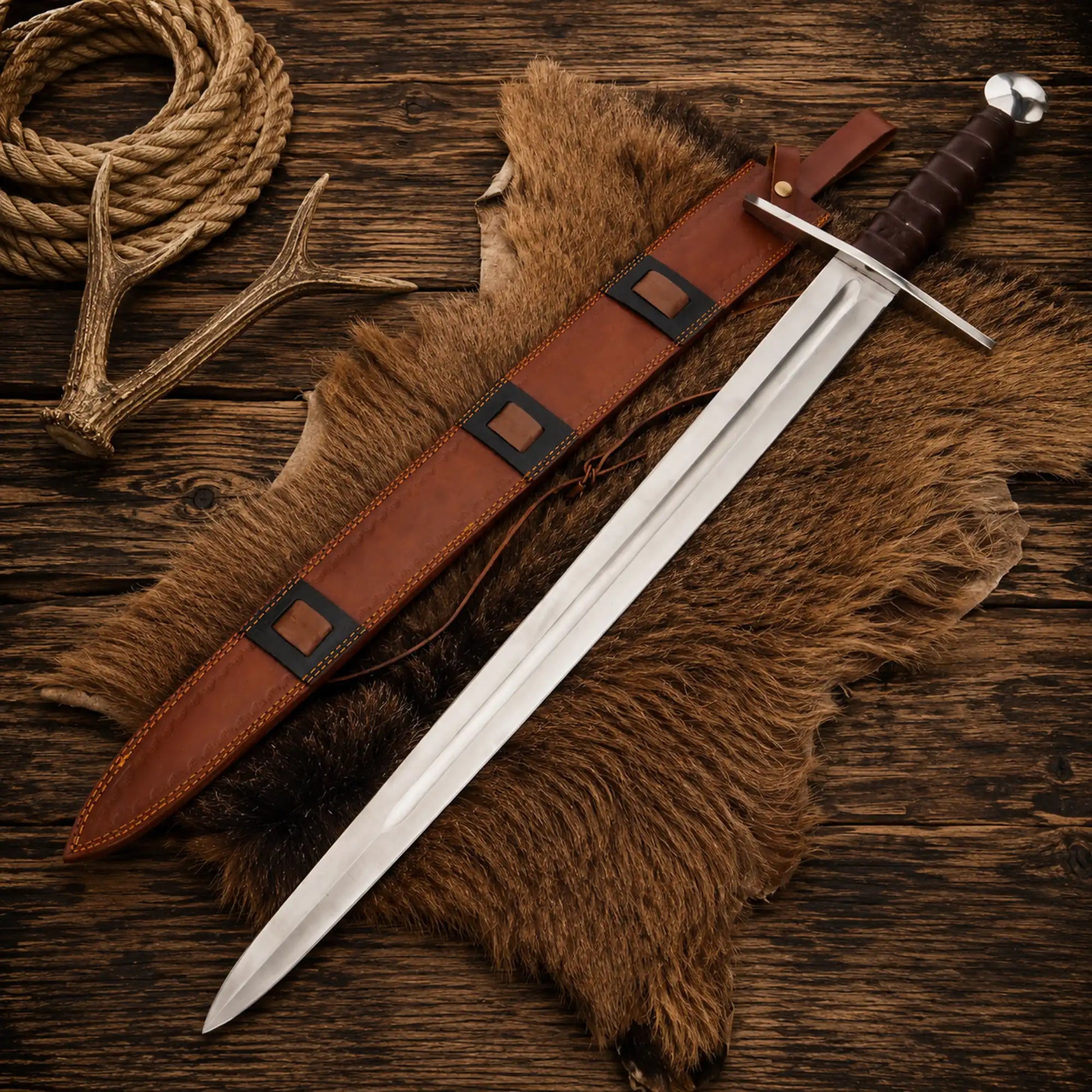 Medieval Crusader Sword with polished stainless steel blade and leather wrapped handle