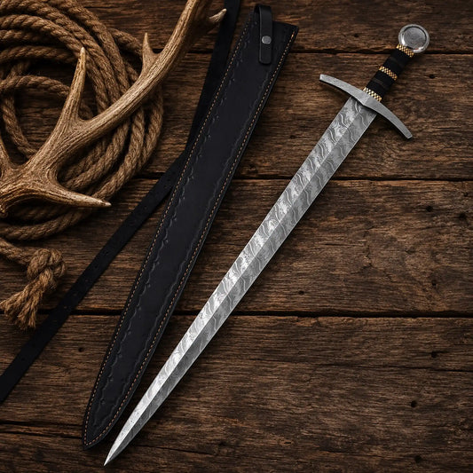 Handmade Viking sword featuring Damascus steel blade and leather sheath