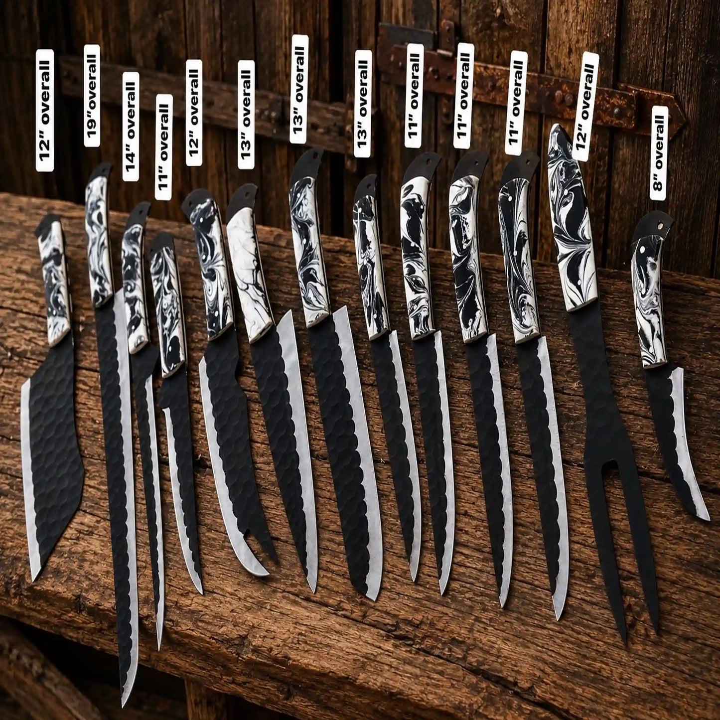 Premium handmade camp cooking knife collection with black coated blades.