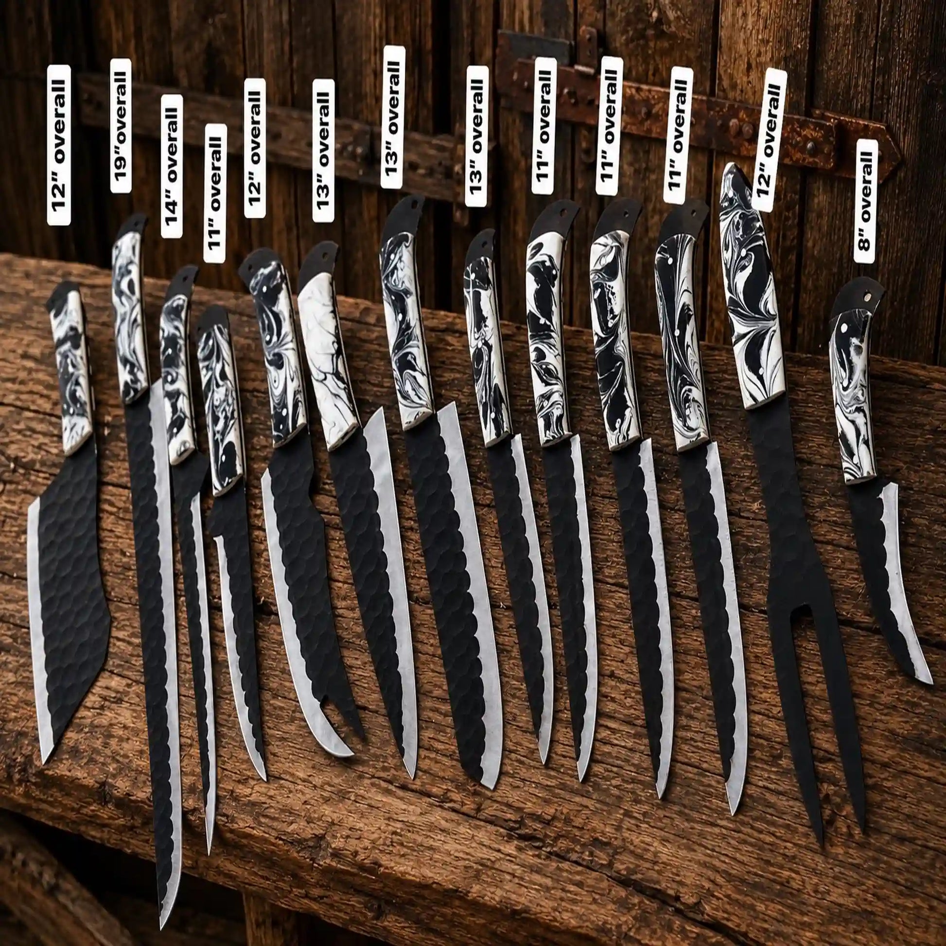 Premium handmade camp cooking knife collection with black coated blades.