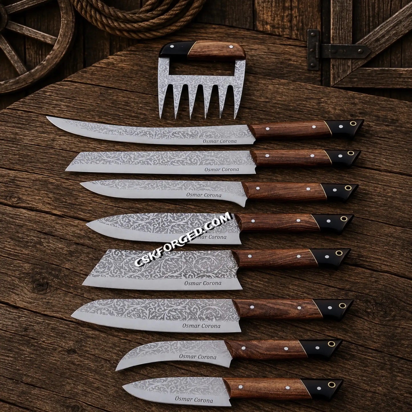 Royal Brown BBQ Chef Knife Set with handmade D2 etched steel blades and Rosewood handles leather roll carry kit.
