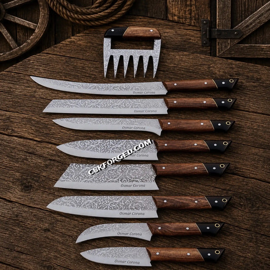 Royal Brown BBQ Chef Knife Set with handmade D2 etched steel blades and Rosewood handles leather roll carry kit.