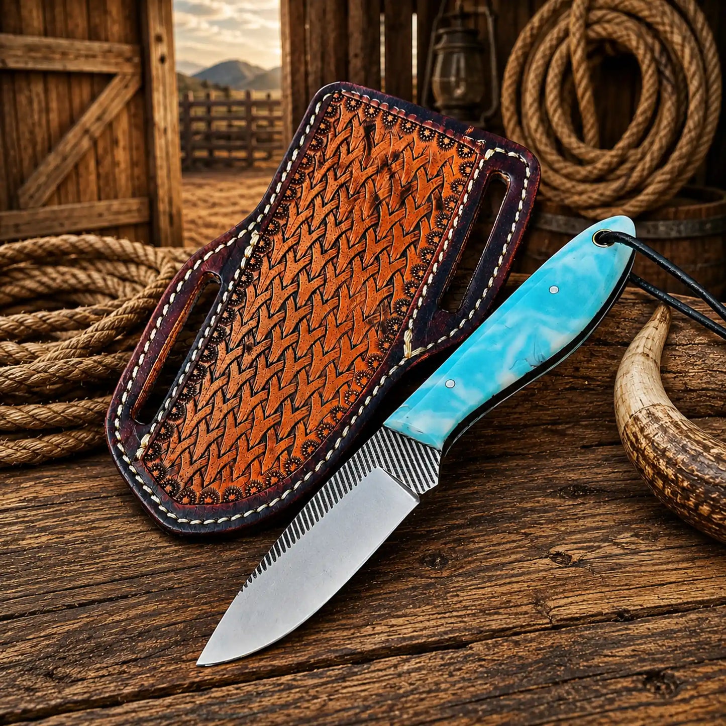 Handmade pancake belt sheath knife with 3.75 inch rasp steel blade and epoxy resin handle