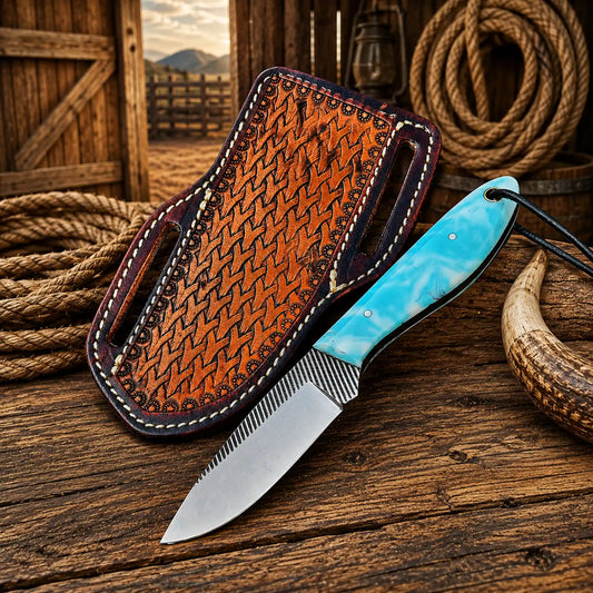 Handmade pancake belt sheath knife with 3.75 inch rasp steel blade and epoxy resin handle