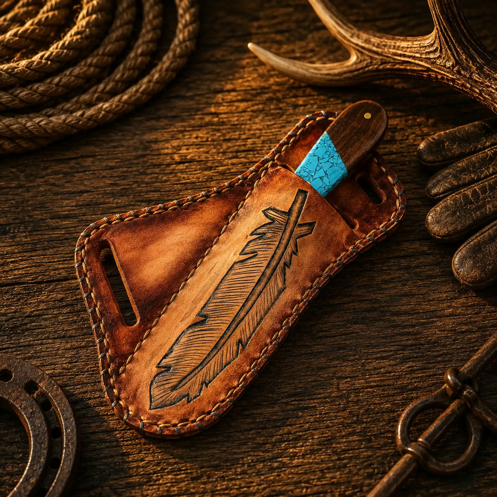 Handmade Western belt knife with handcrafted leather pancake sheath.