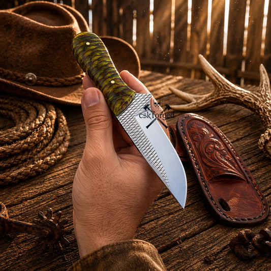Small handmade hunting knife with rasp steel blade and pinecone handle