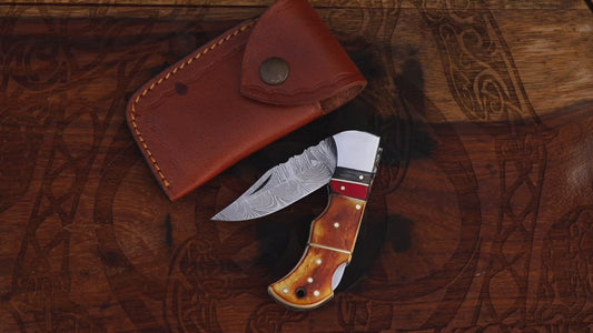 DAMASCUS POCKET KNIFE, HANDMADE FOLDING KNIFE, MADE OF BURNT CAMEL BONE