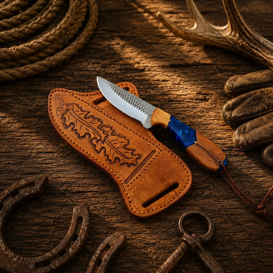 Pro Rodeo Cowboy Knife with 3.75-inch rasp steel blade and blue epoxy ash wood handle and leather belt sheath