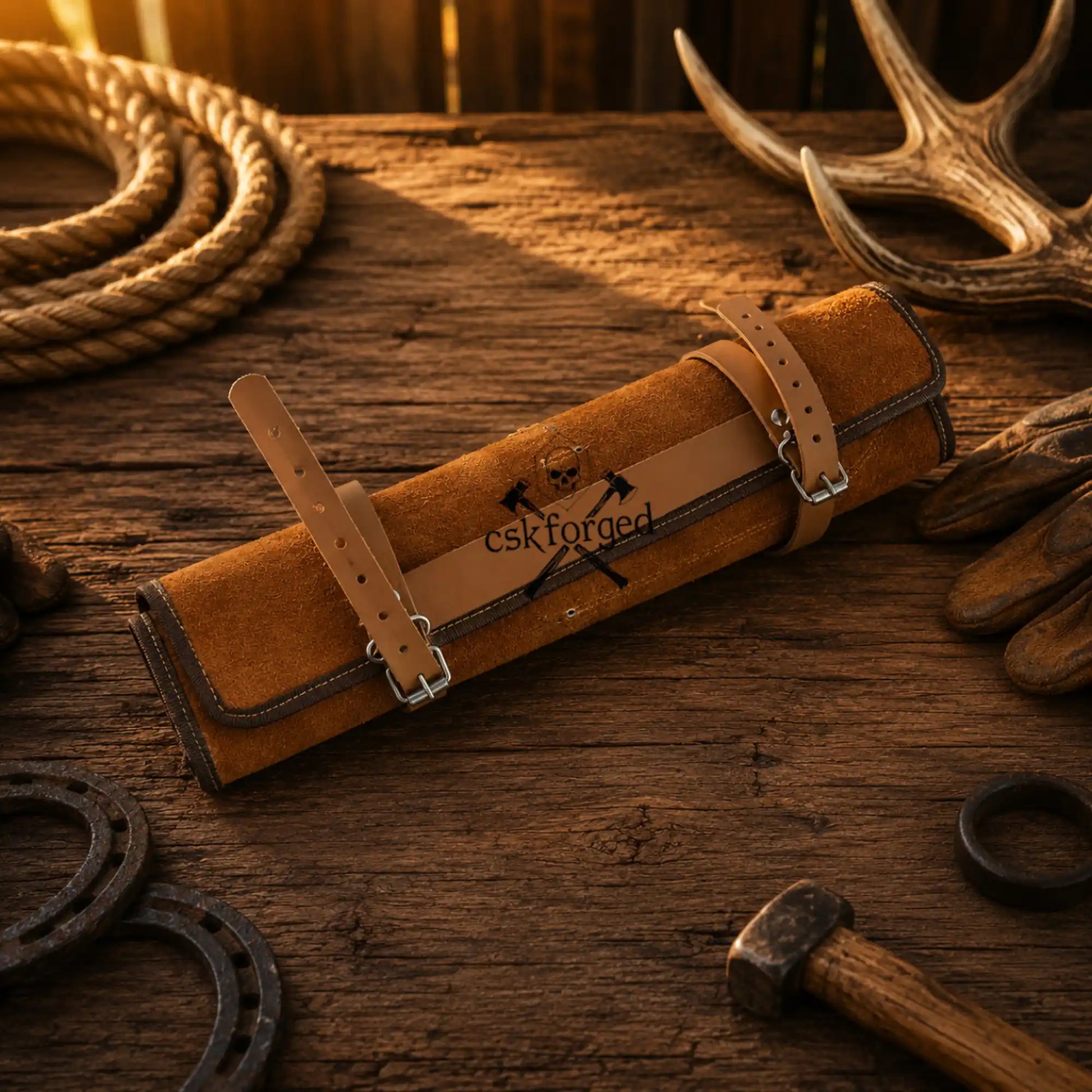 Professional kitchen knife set with genuine camel bone handles and leather roll.