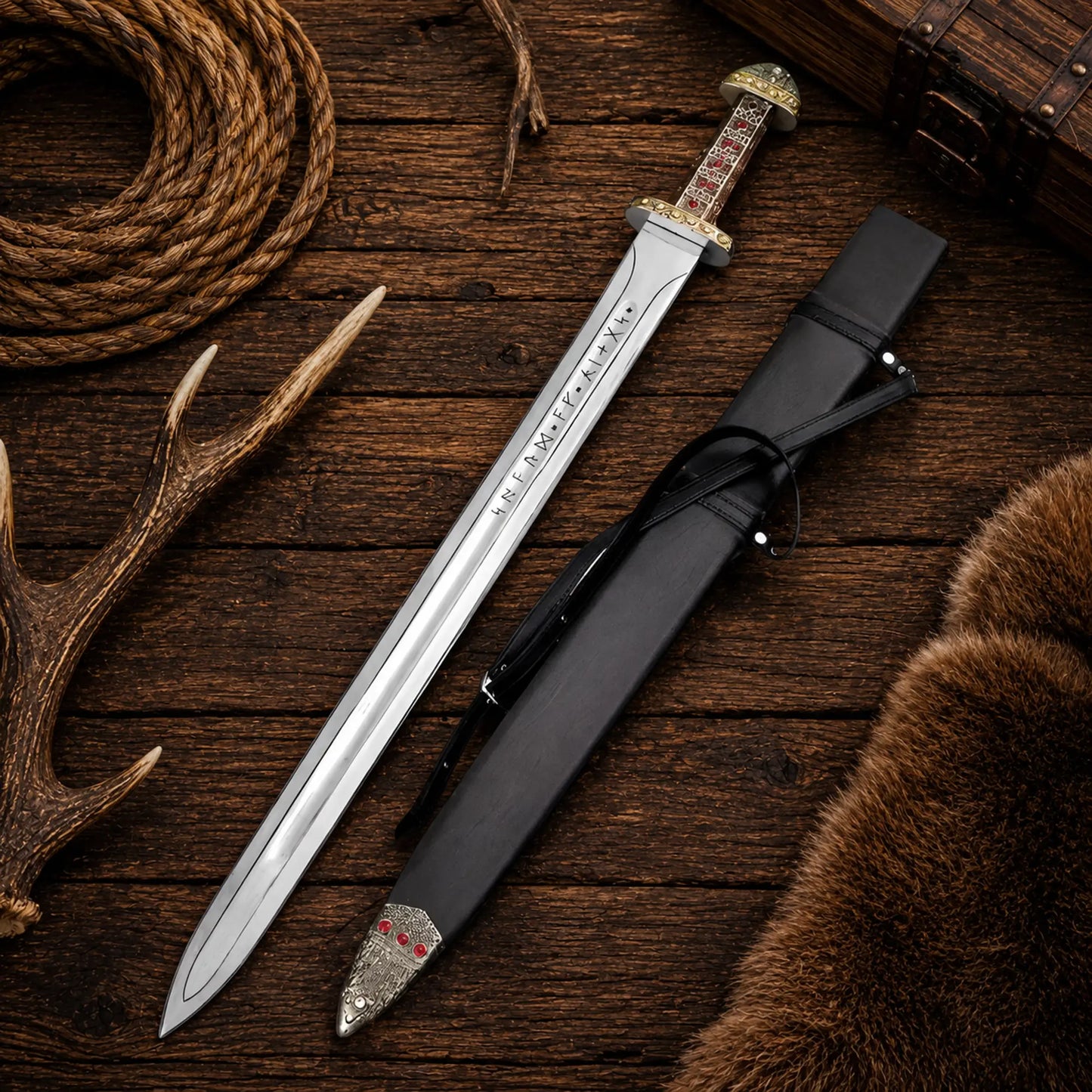 Medieval Norse sword with leather scabbard and runic engraving