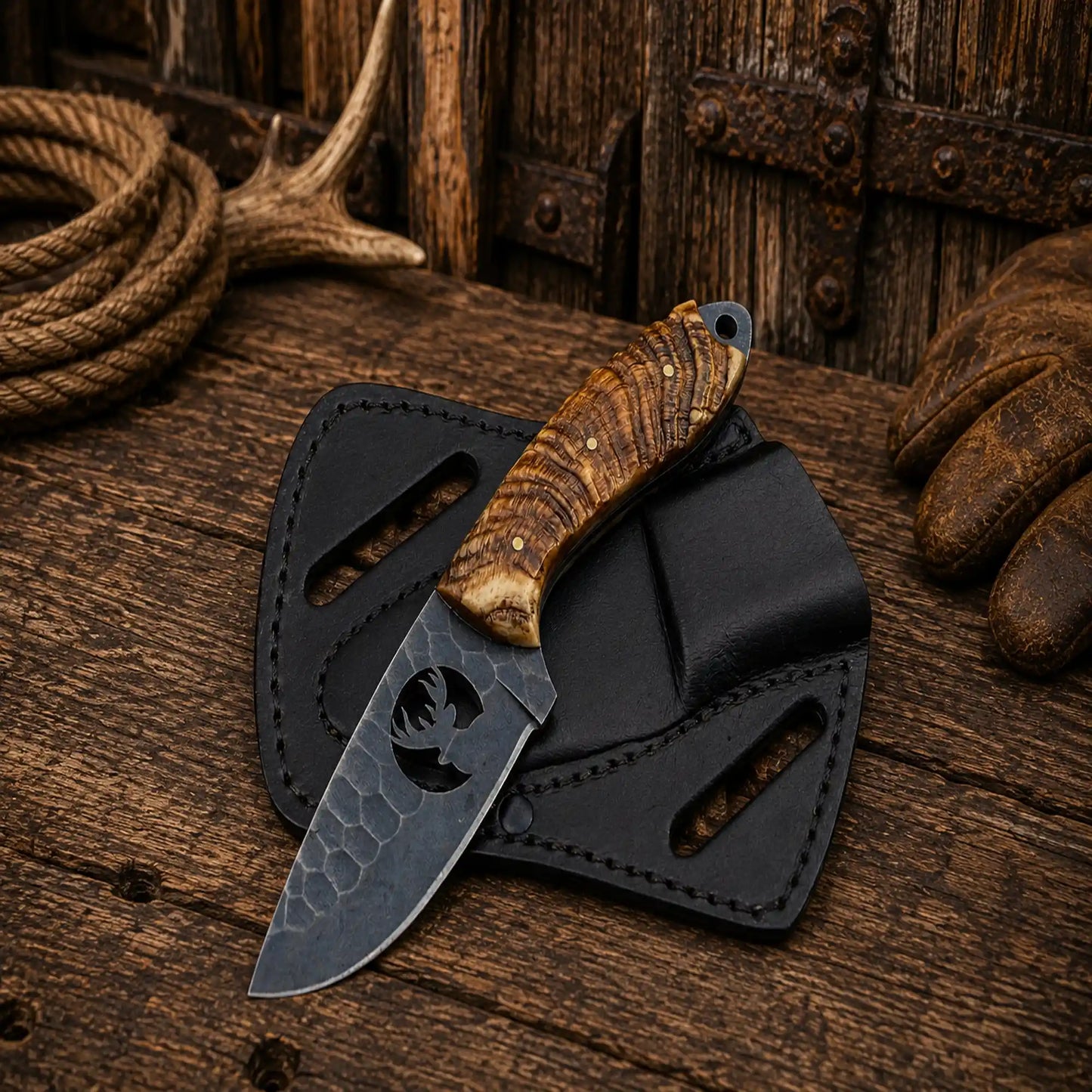 Handmade ranch cowboy skinning knife with acid wash D2 steel blade and ram horn handle with premium cross draw leather sheath.