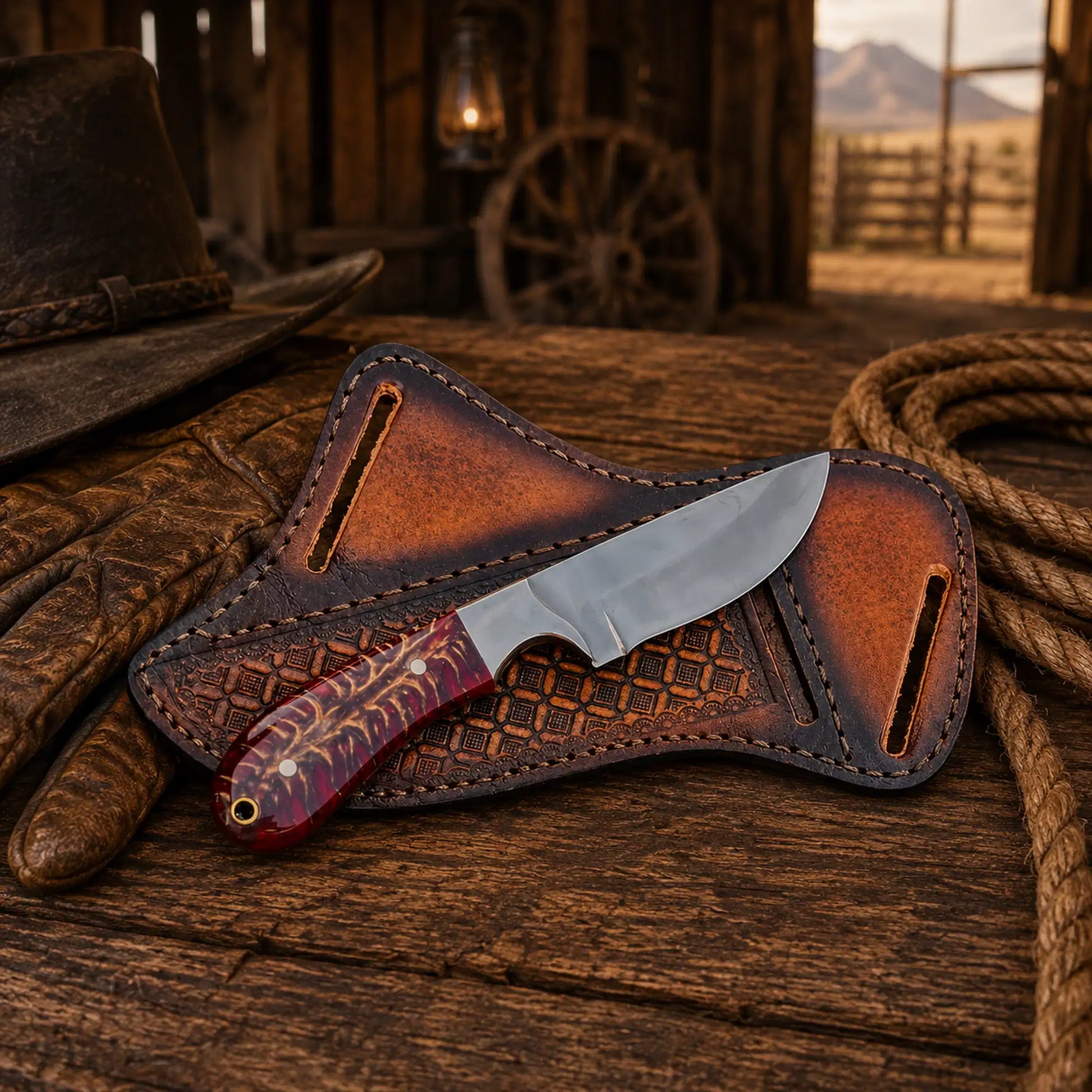 Ranch hunting knife with belt sheath and pinecone handle