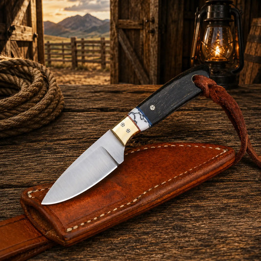 Ranchero sheath knife with D2 steel blade horn and turquoise handle