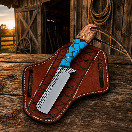 Bull cutter knife with rasp steel blade and turquoise resin handle