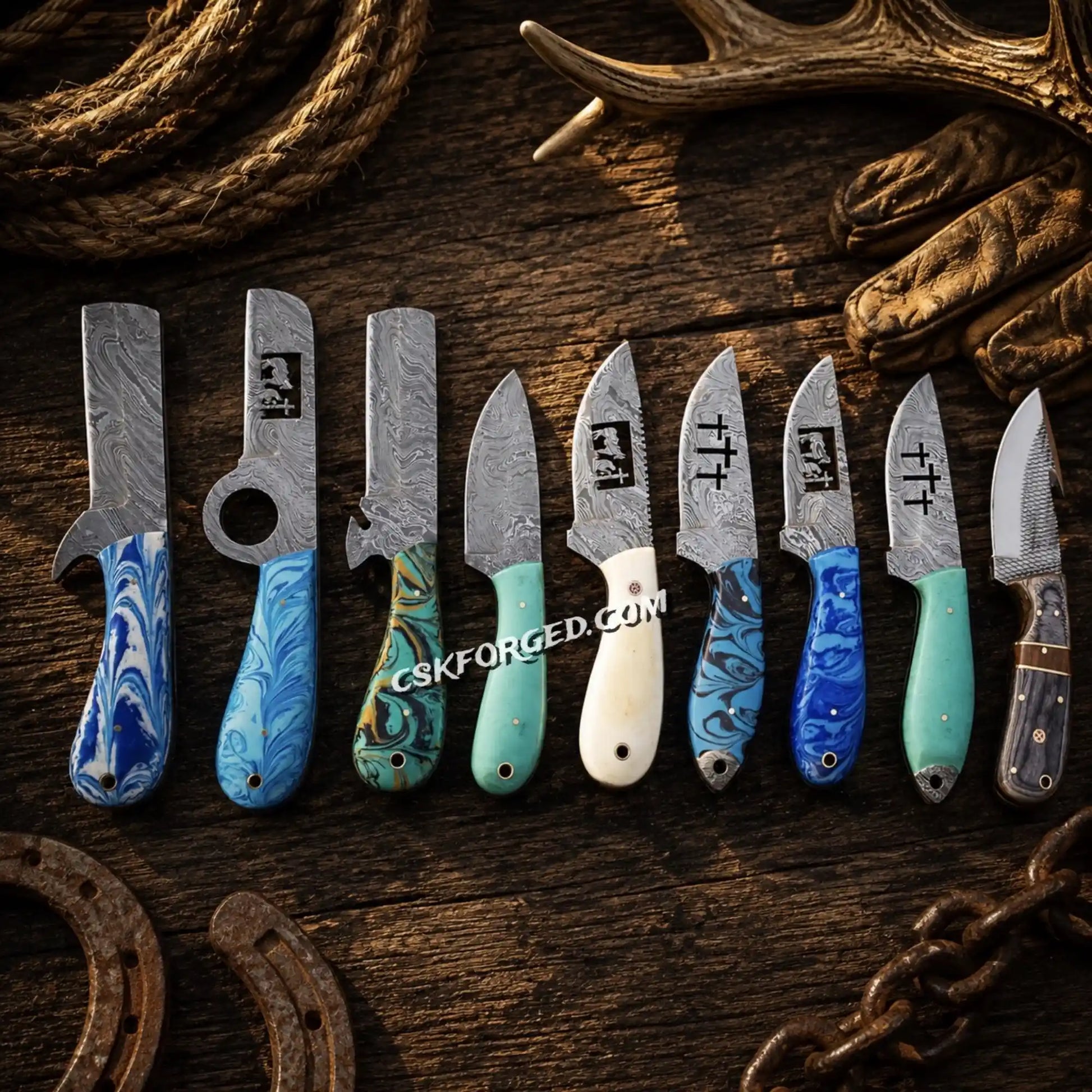 Ridge Riders Cowboy Skinner and Bull Cutter knife collection with colorful handles