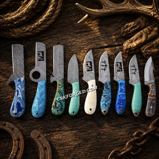 Ridge Riders Cowboy Skinner and Bull Cutter knife collection with colorful handles