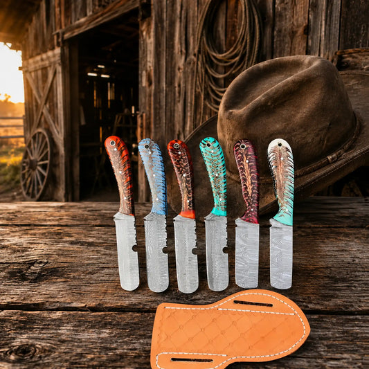 Handmade rooster cutout bull cutter set with Damascus steel blades
