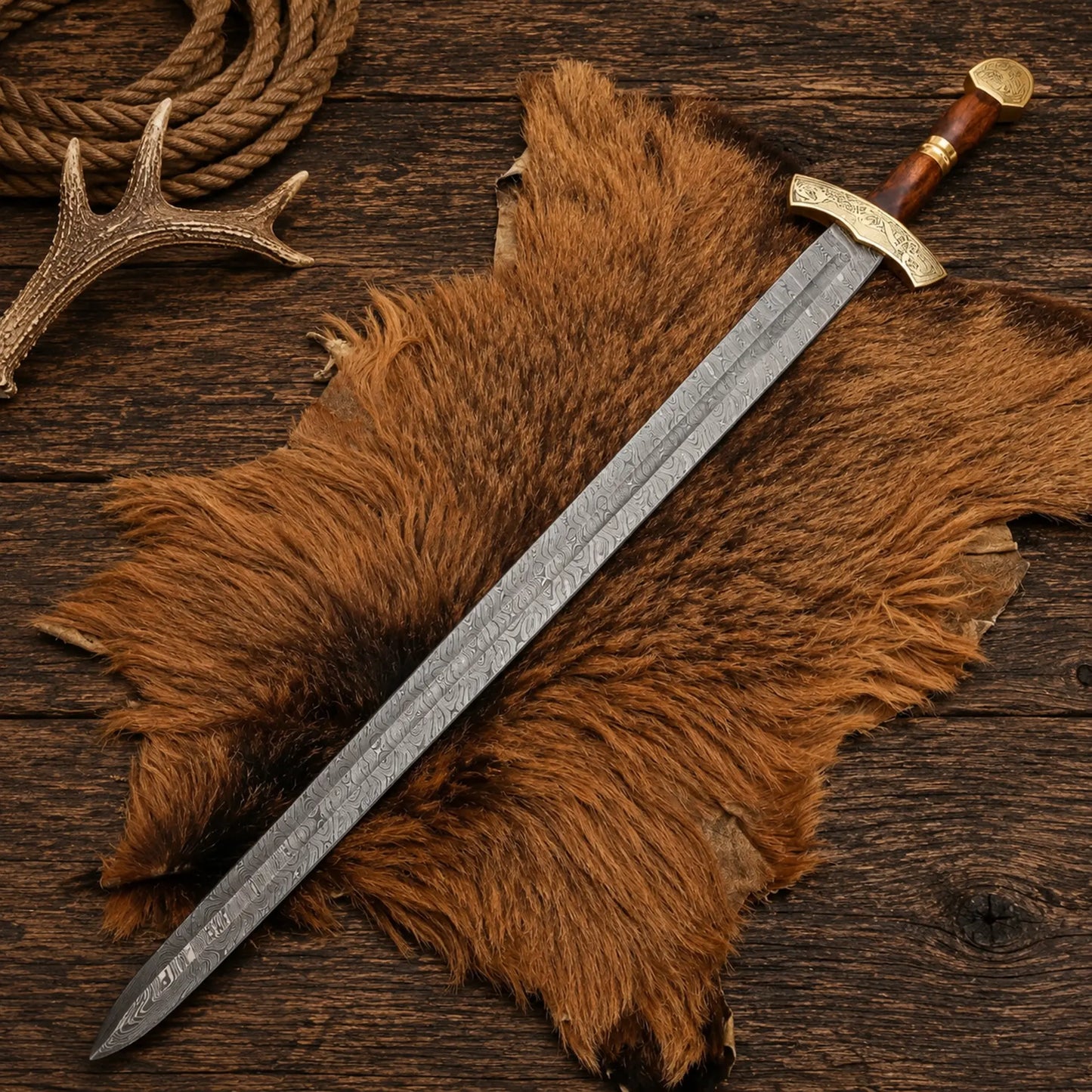 Norse-inspired Damascus steel sword with engraved brass guard.