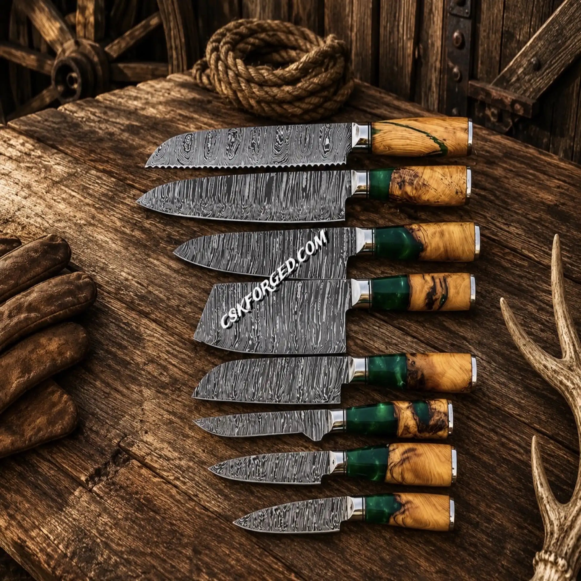 Sakura Steel Japanese kitchen knife set with handmade Damascus steel blades.