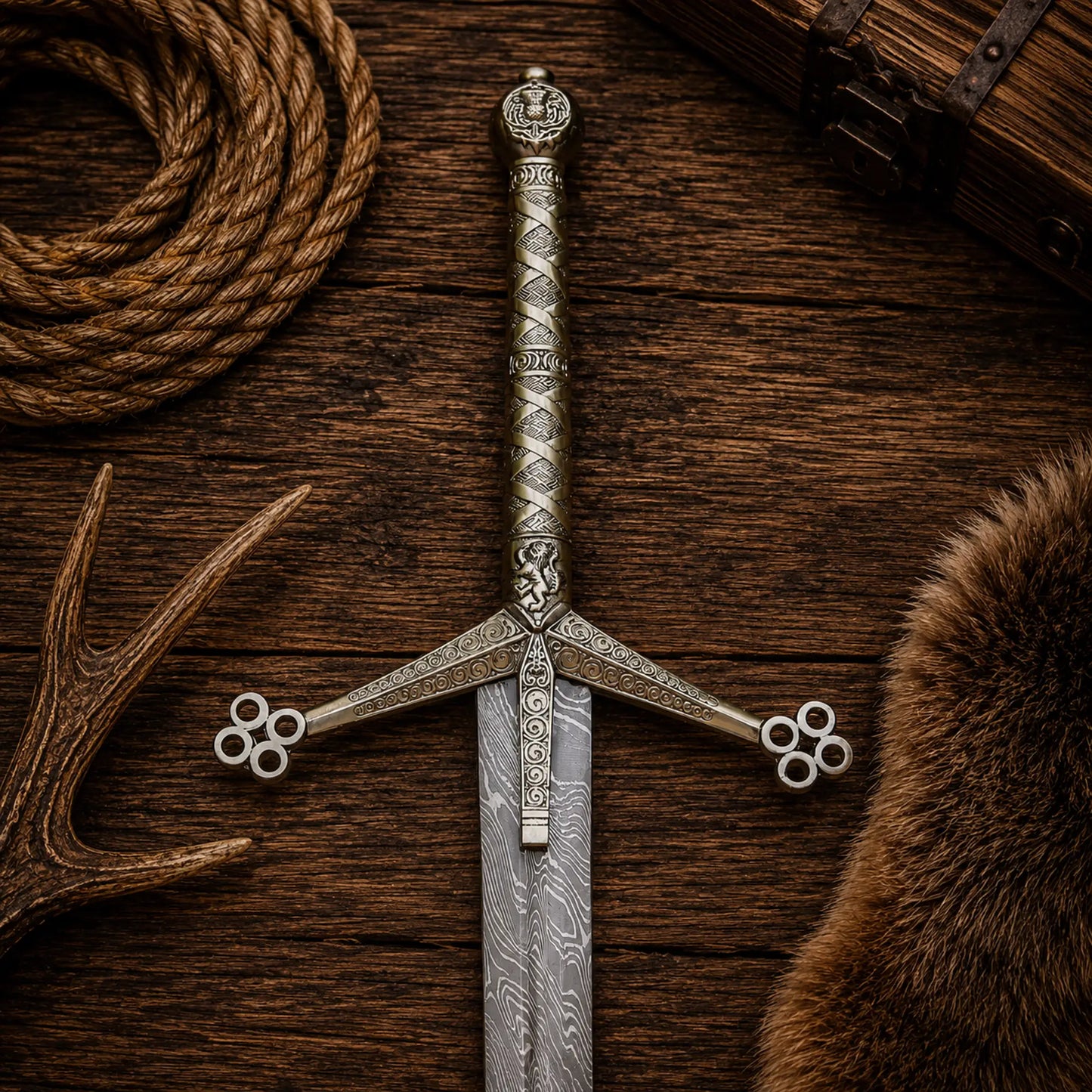Medieval Scottish Claymore display sword with ornate cast metal handle close up