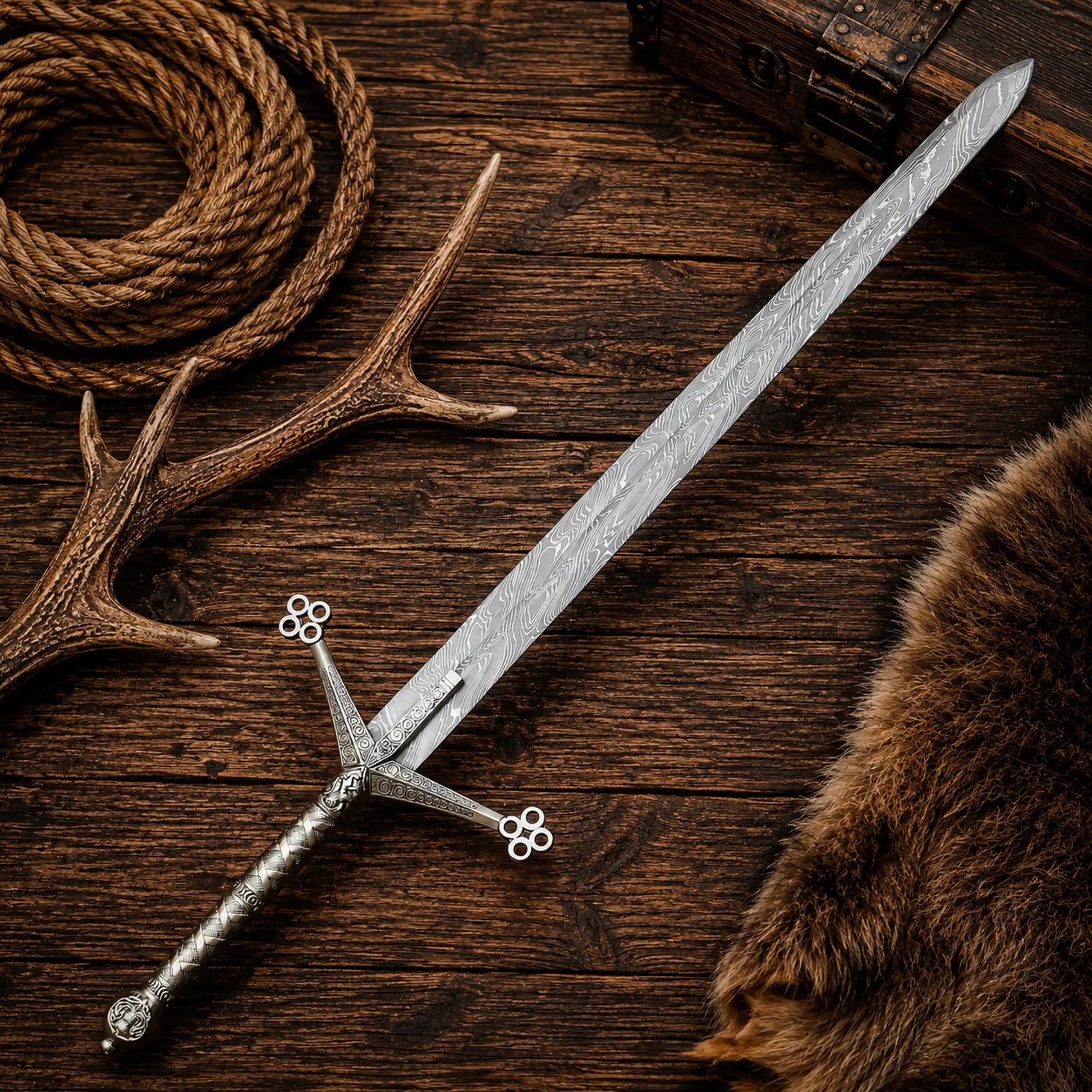 Scottish Claymore Sword with handmade Damascus steel blade and engraved medieval handle.