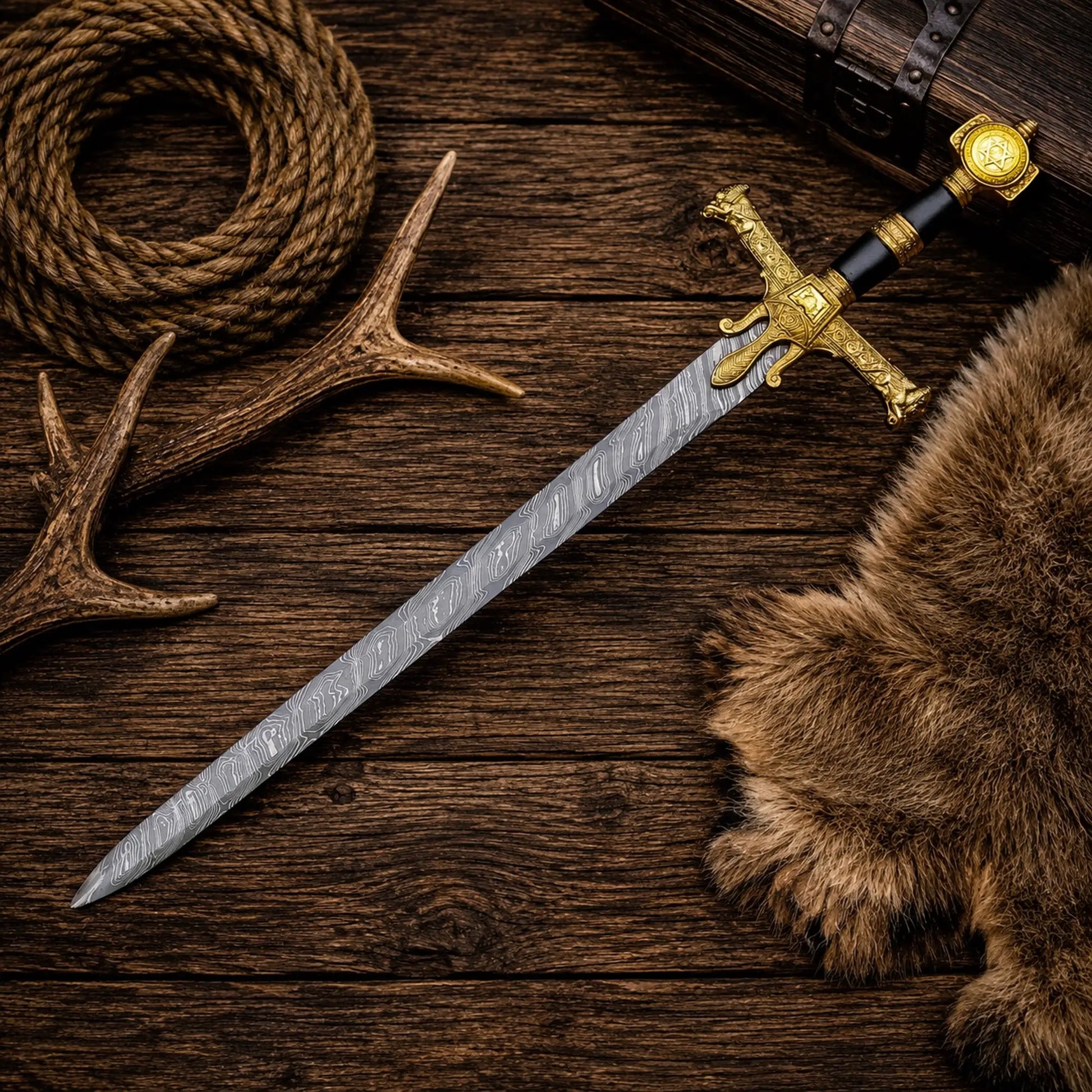 Sigil Sovereign Knight Sword with Damascus steel blade and ornate golden hilt.