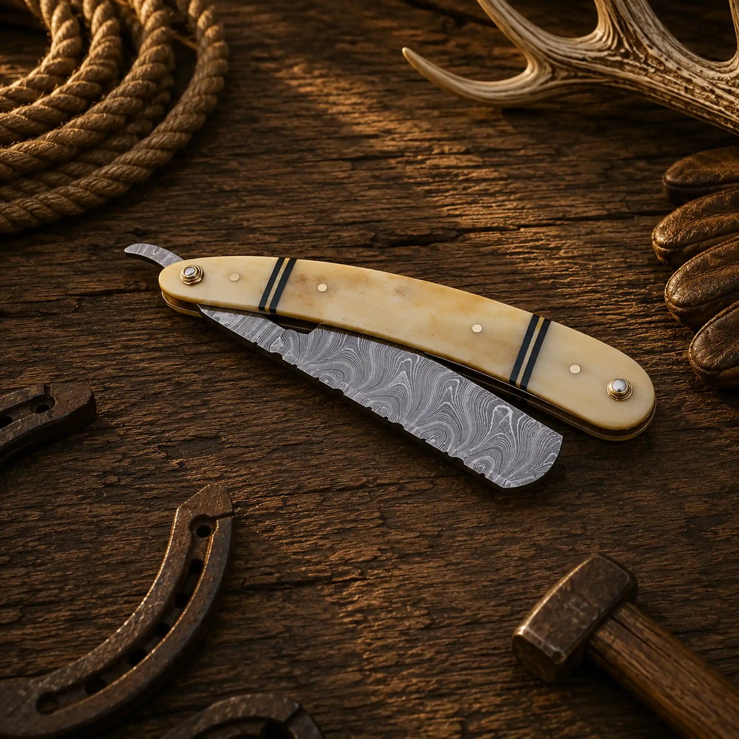 Professional folding straight razor with natural bone handle and razor-sharp Damascus blade.