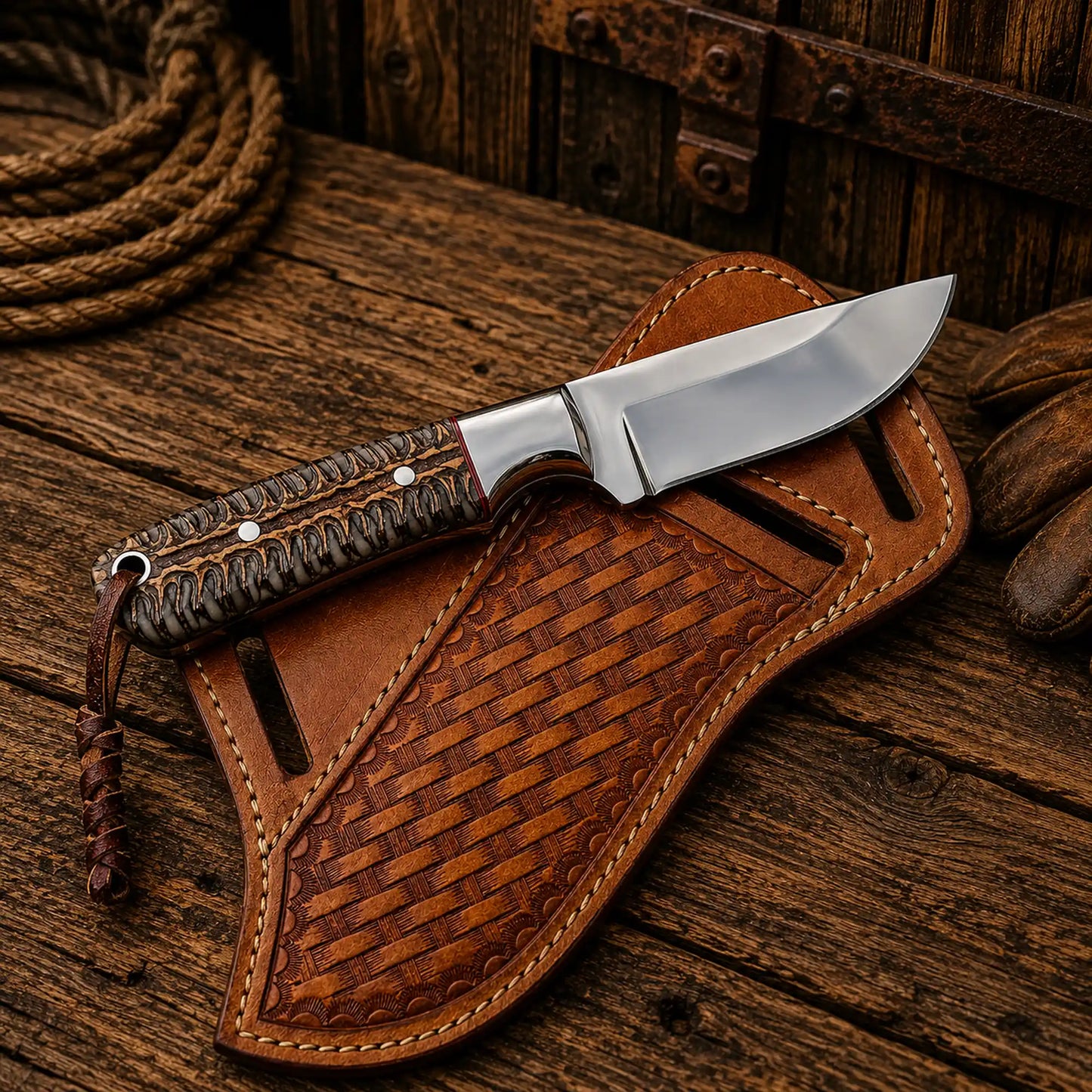 Handmade Traditional Cowboy Hunting Knife with D2 steel blade and pinecone resin handle.
