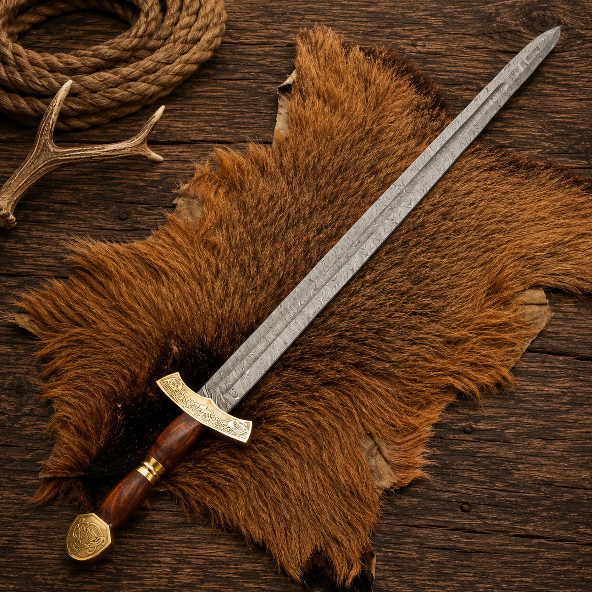 Legendary Viking sword featuring Damascus steel blade and brass fittings.